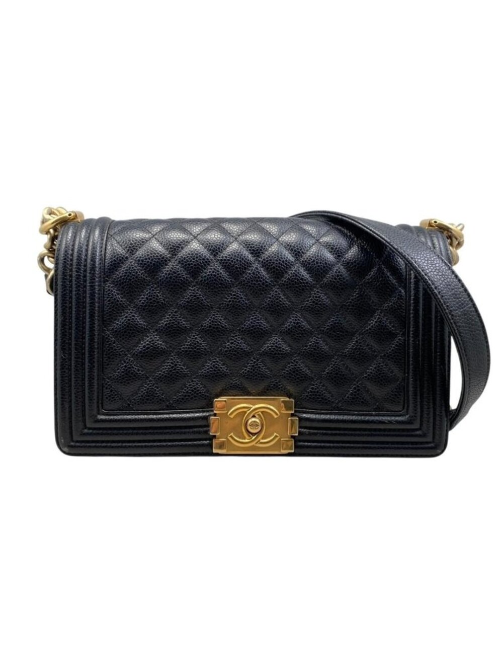 Chanel Shoulder Bag Boy Quilted Black Gold CC Logo